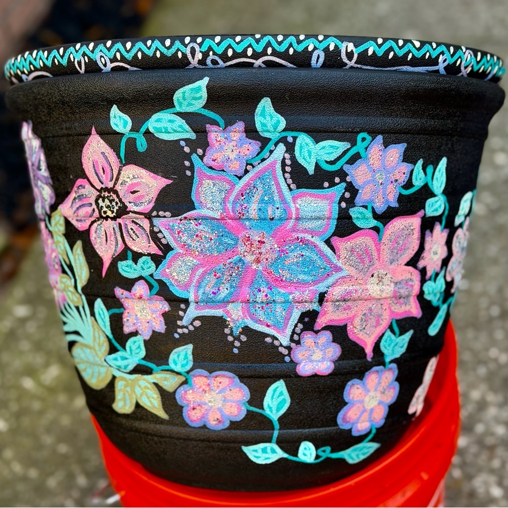 Hand-Painted Floral Black Planter